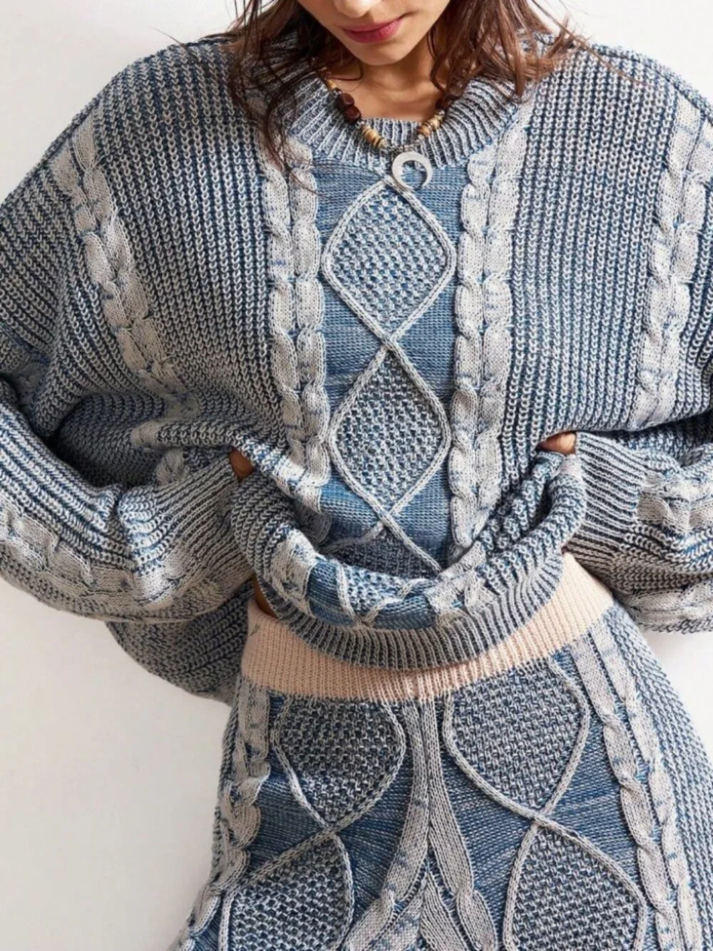 Blue & Gray Marled Cable Knit Oversized Sweater